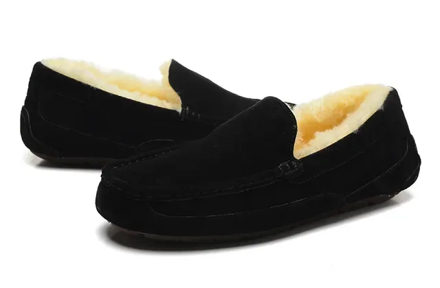 Black Suede Shearling-Lined Moccasin Stitched Slip-On Loafers 6