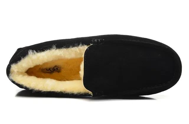 Black Suede Shearling-Lined Moccasin Stitched Slip-On Loafers 10