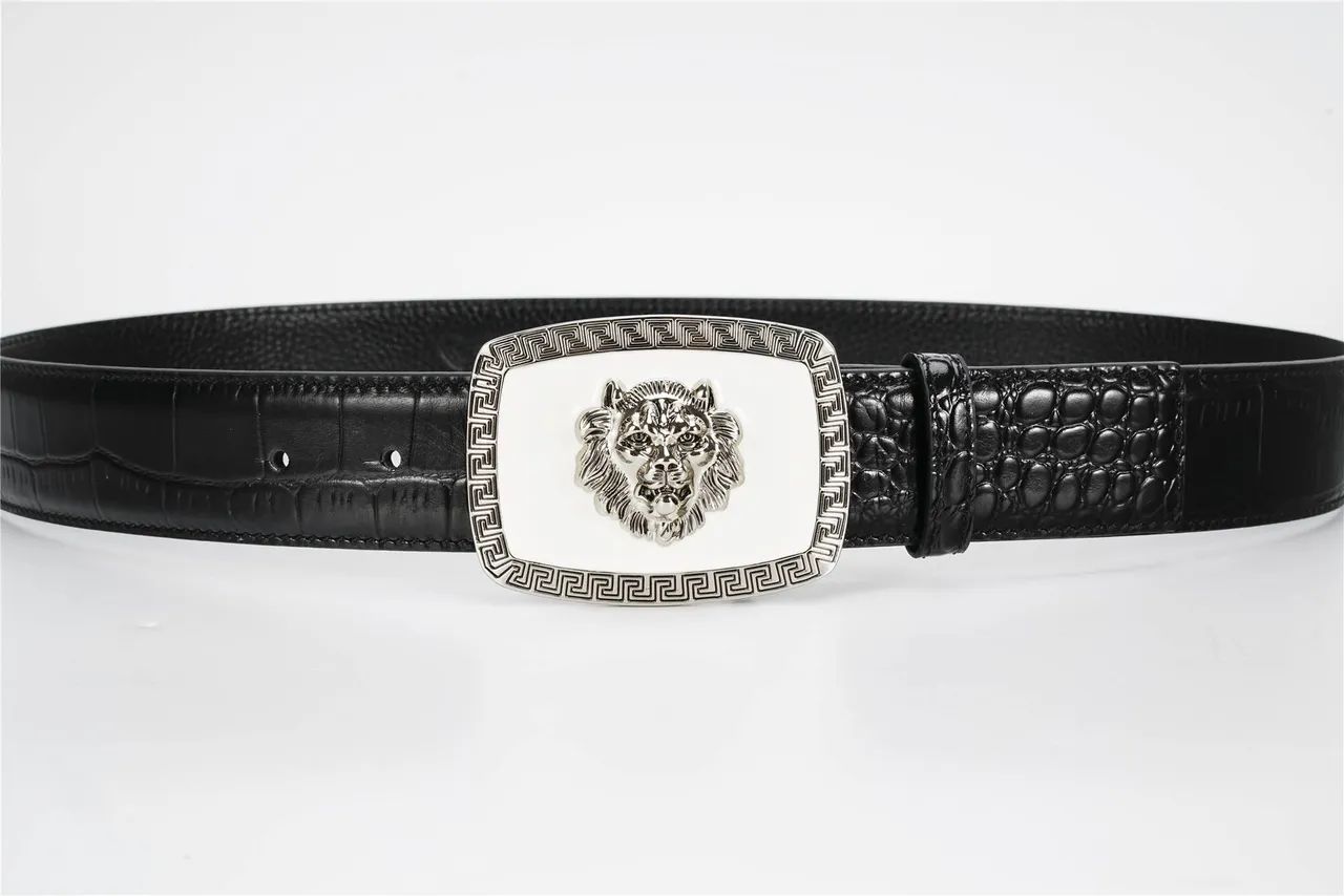 Black White Crocodile-Embossed Lion-Head Buckle Leather Belt 2