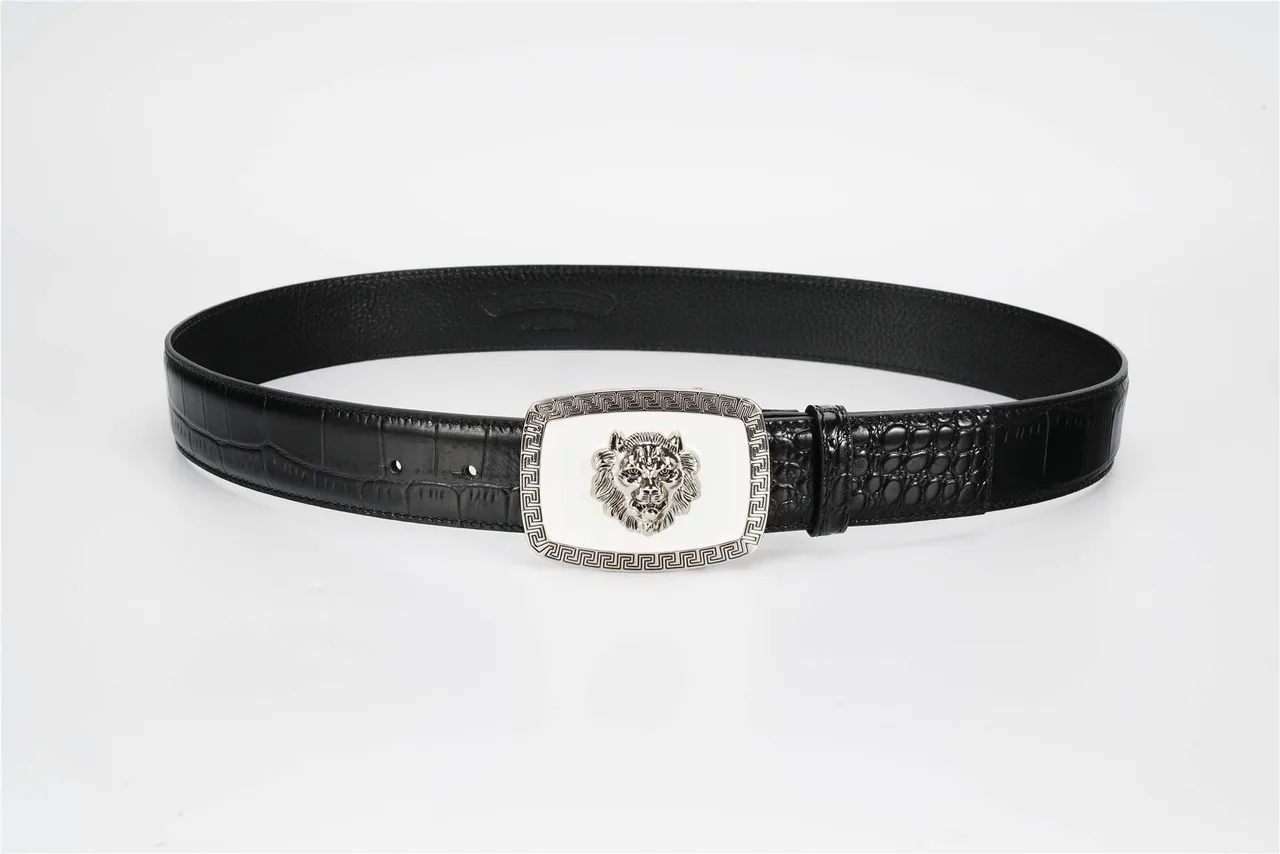 Black White Crocodile-Embossed Lion-Head Buckle Leather Belt 3