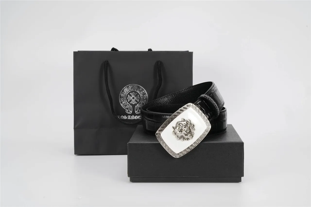 Black White Crocodile-Embossed Lion-Head Buckle Leather Belt 6