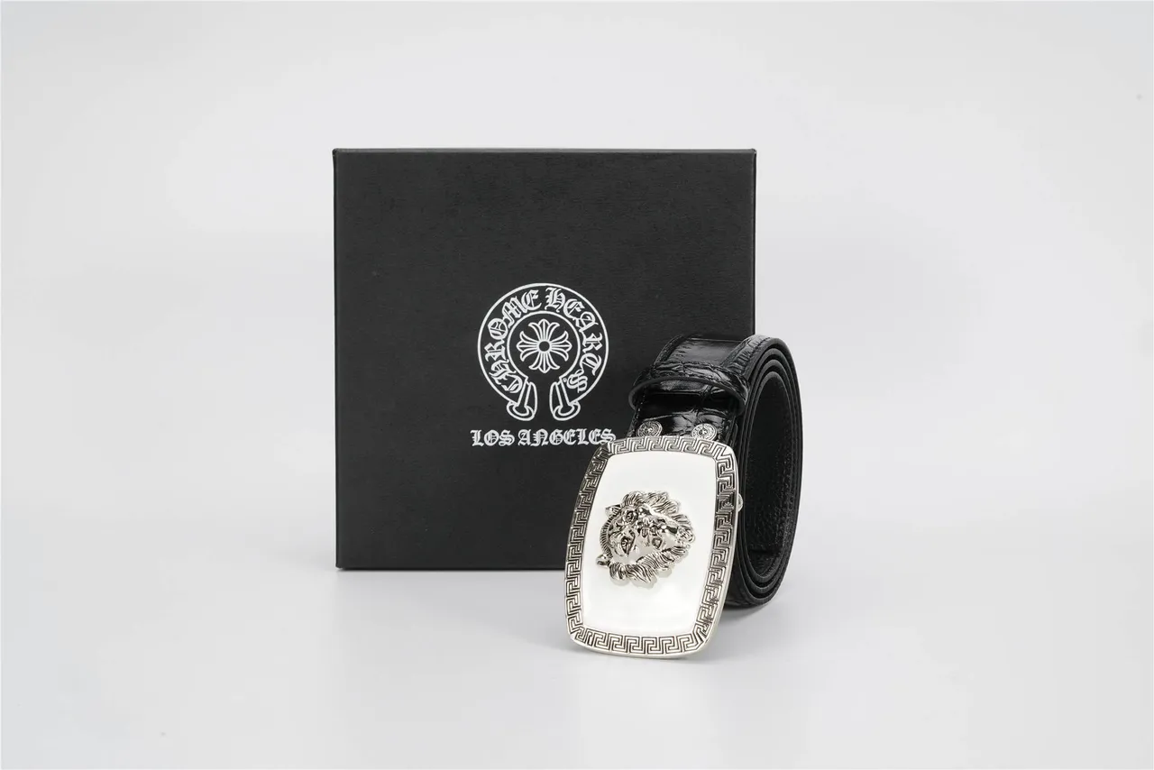 Black White Crocodile-Embossed Lion-Head Buckle Leather Belt 7
