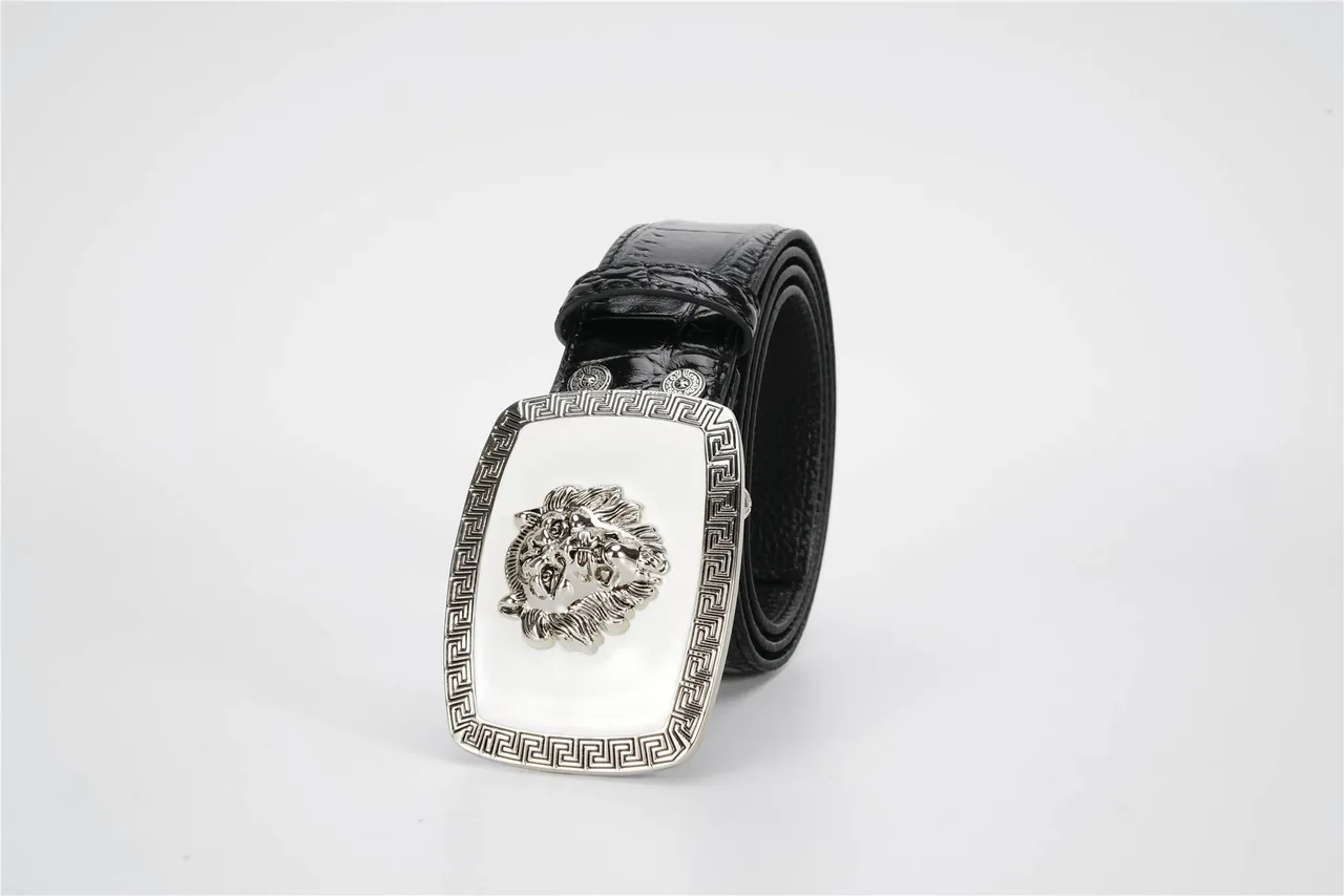 Black White Crocodile-Embossed Lion-Head Buckle Leather Belt 8