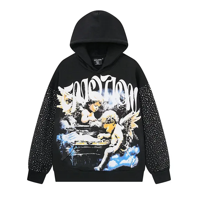 Black White Graphic-Print Front Dot-Pattern Sleeves Hoodie 2