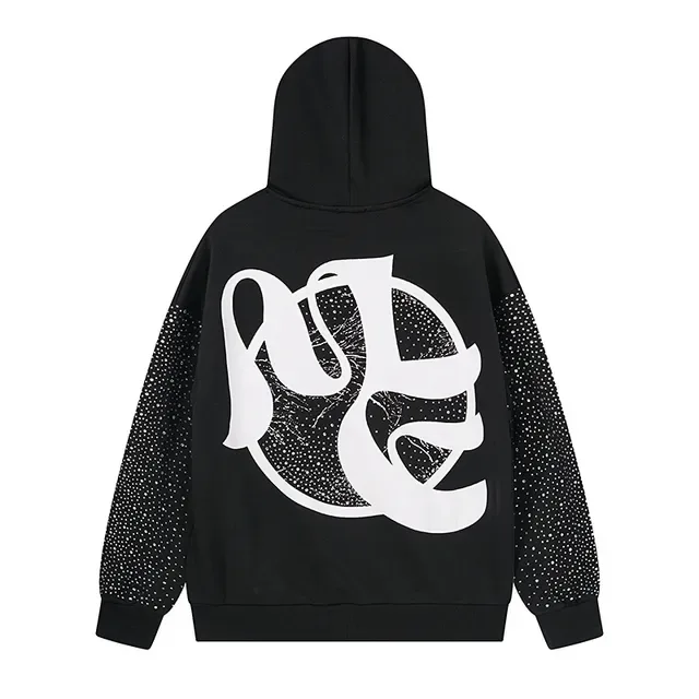 Black White Graphic-Print Front Dot-Pattern Sleeves Hoodie 3
