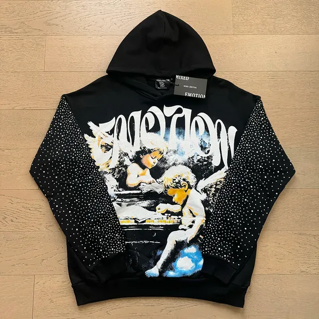 Black White Graphic-Print Front Dot-Pattern Sleeves Hoodie 4