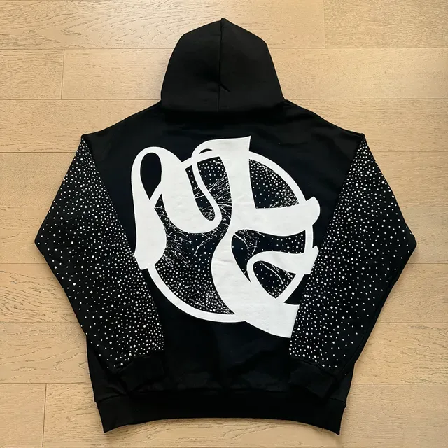 Black White Graphic-Print Front Dot-Pattern Sleeves Hoodie 5