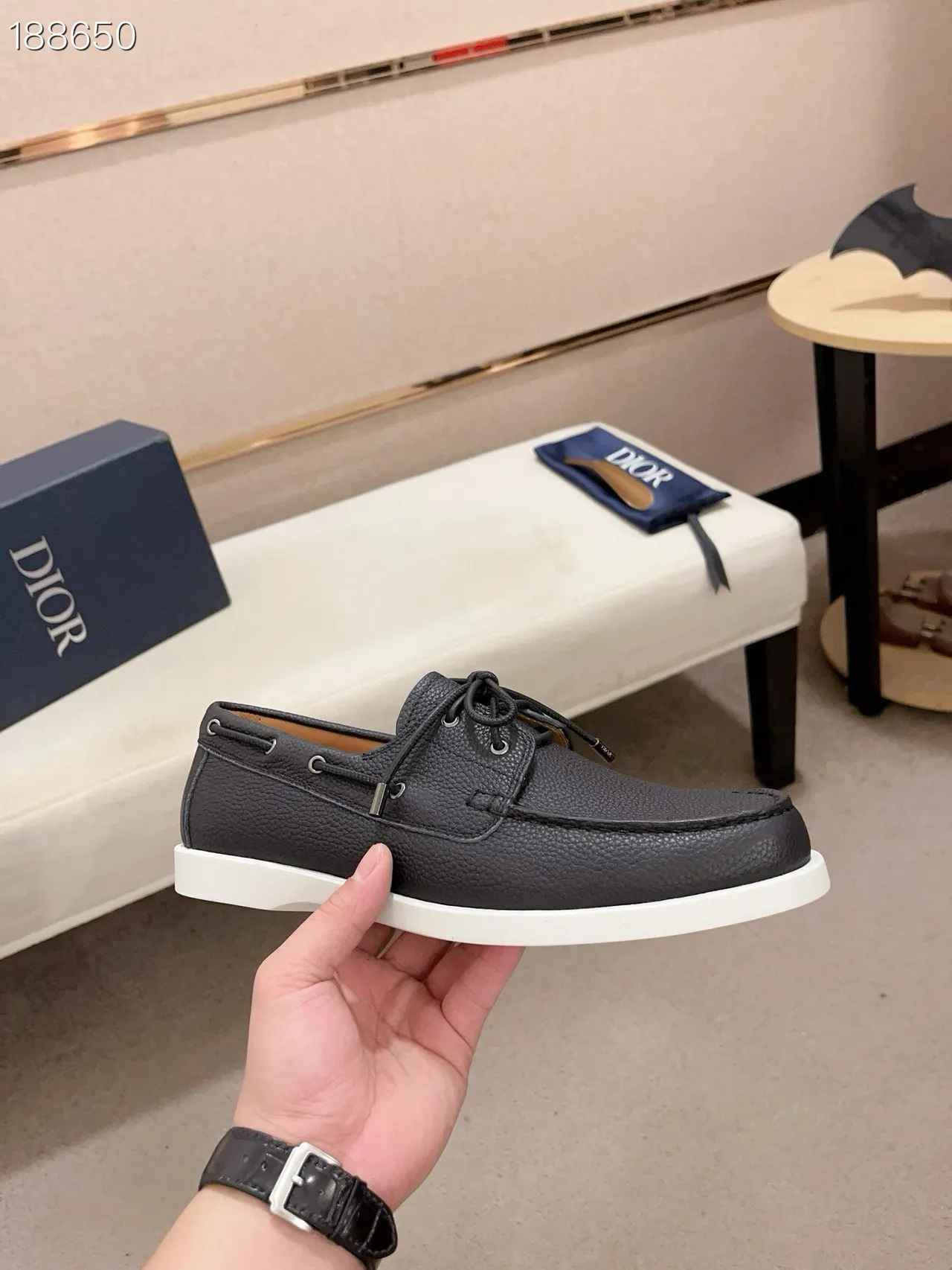 Black White Pebbled Leather Cupsole Boat Shoes 4