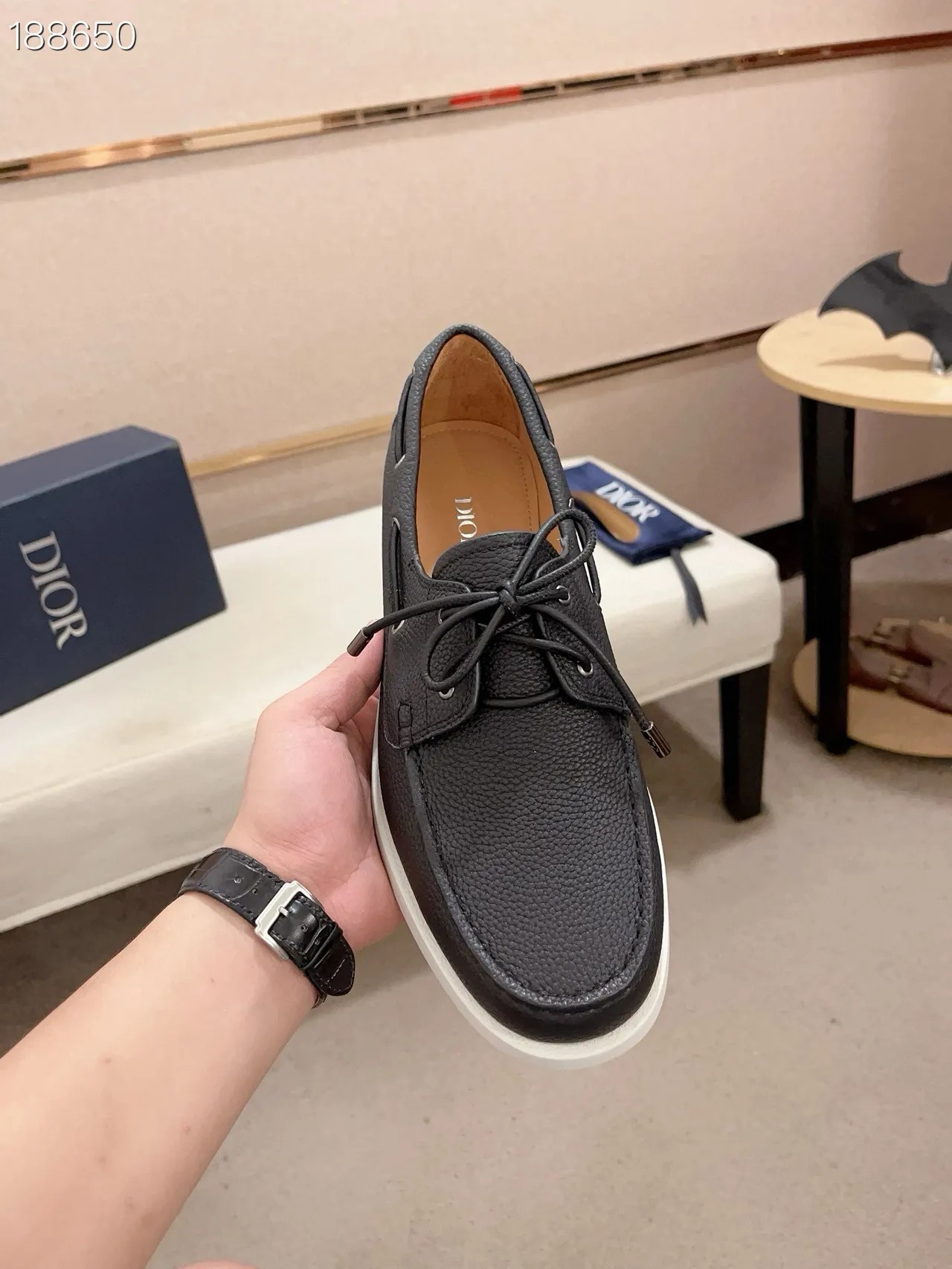 Black White Pebbled Leather Cupsole Boat Shoes 6