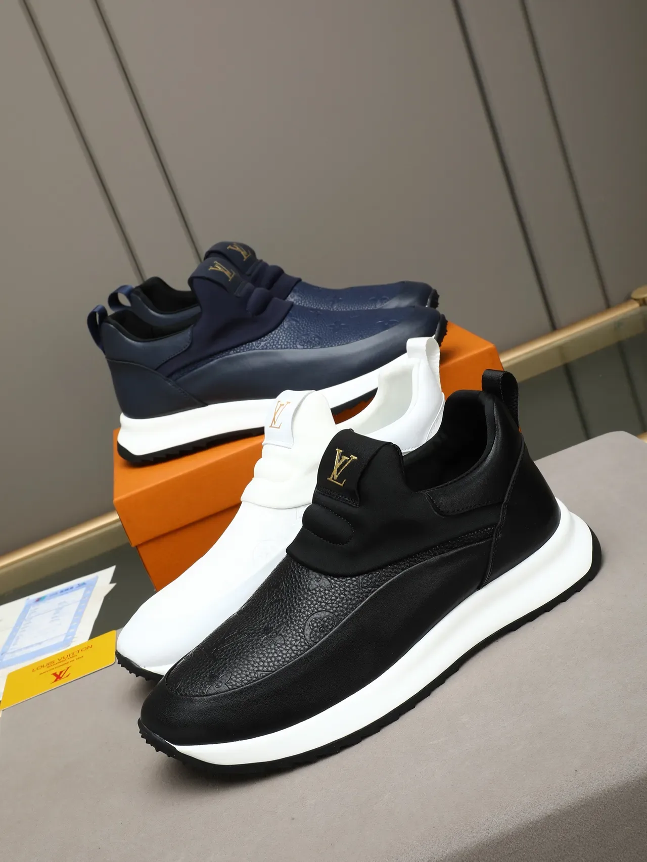 Black White Slip-On Construction Textured Leather Toe Cap Sneakers 2