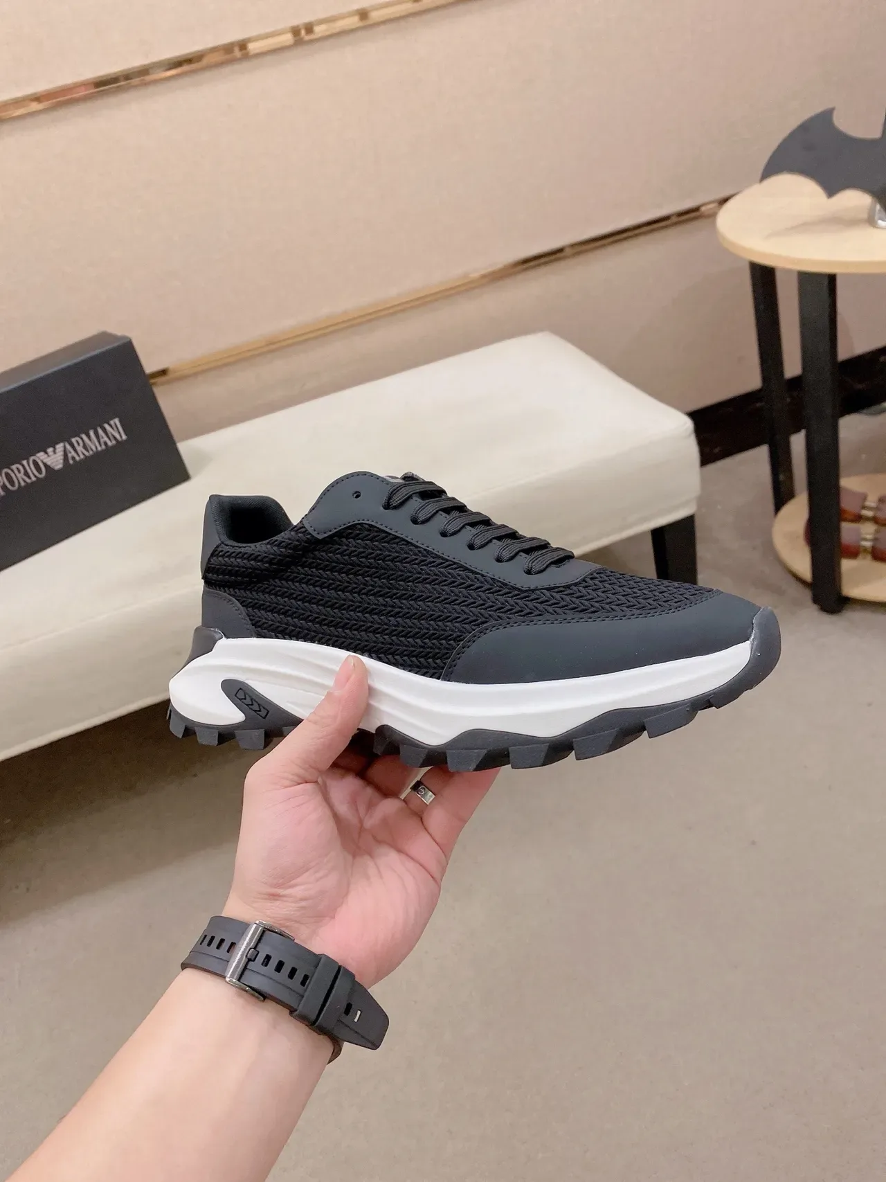 Black Woven Upper Chunky Sole Lifestyle Sneaker 4