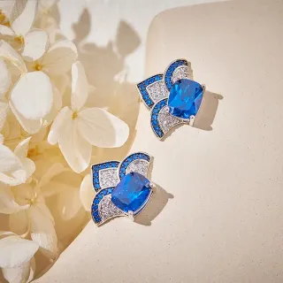 Blue Cushion-Cut Gemstone Pavé Floral Stud Earrings
