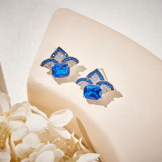 Blue Cushion-Cut Gemstone Pavé Floral Stud Earrings 3