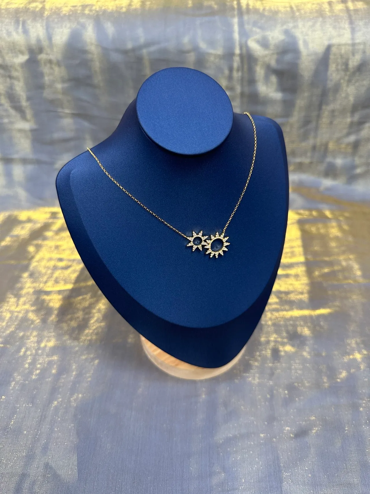 Blue Gold Dual Sunburst Pendant Pavé-Style Ray Detailing Necklace 4