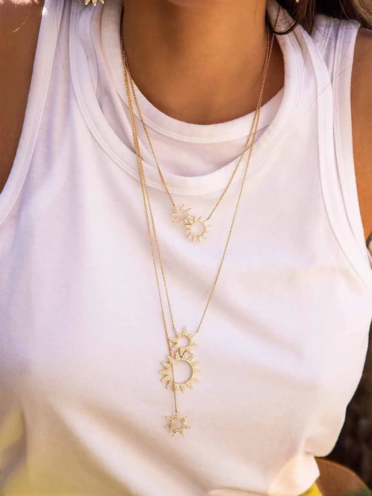 Blue Gold Dual Sunburst Pendant Pavé-Style Ray Detailing Necklace 2