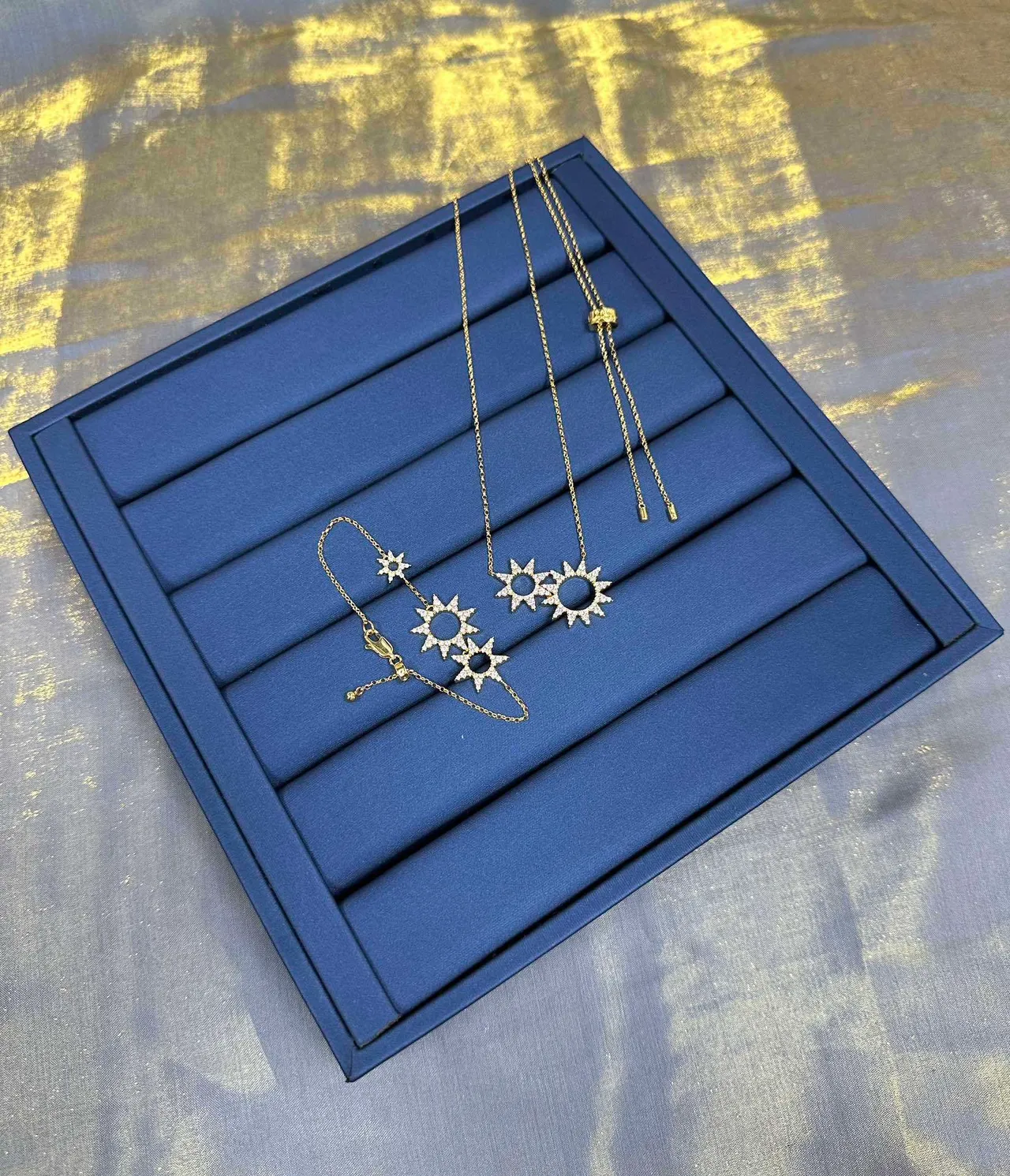 Blue Gold Dual Sunburst Pendant Pavé-Style Ray Detailing Necklace 7