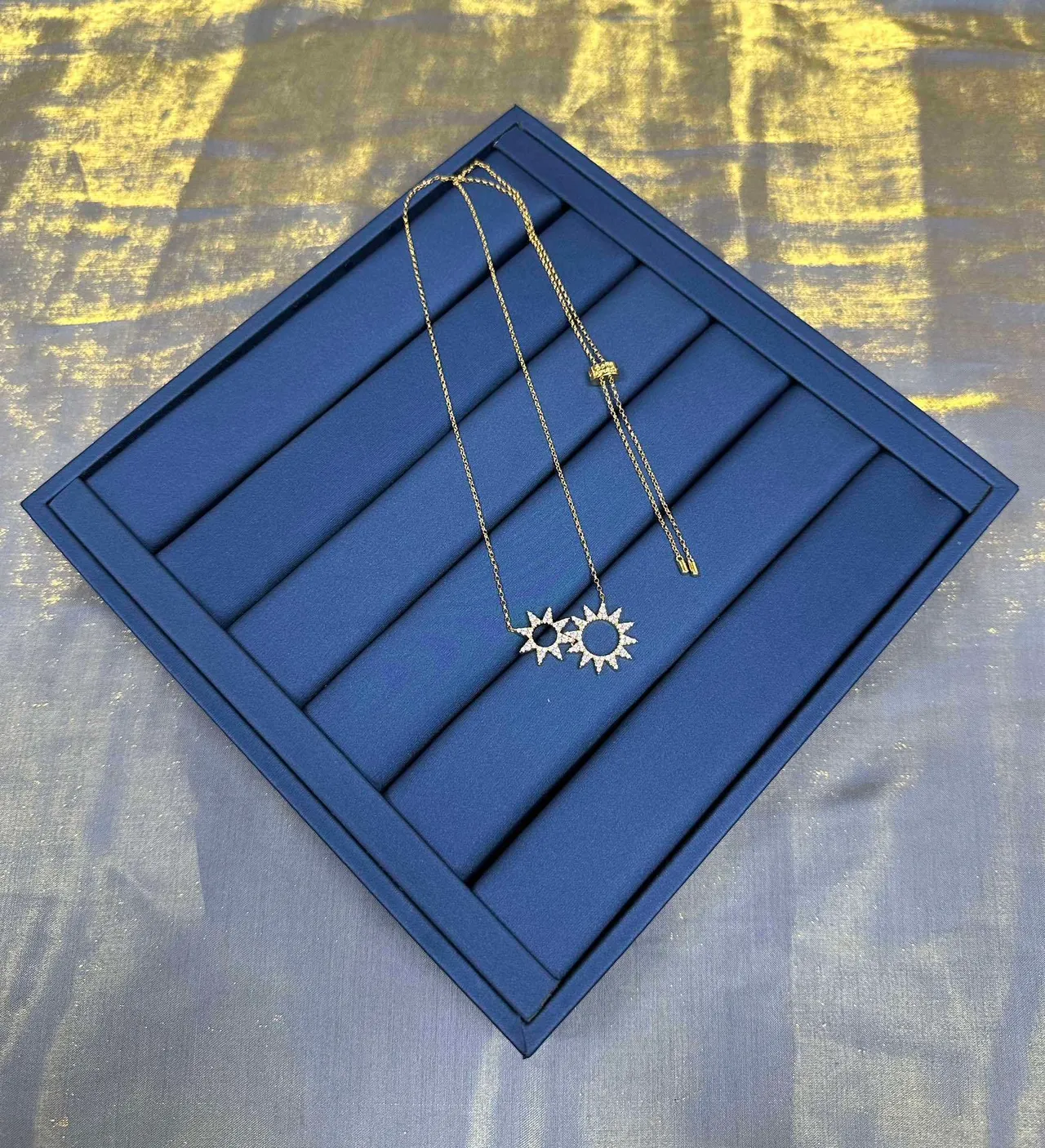 Blue Gold Dual Sunburst Pendant Pavé-Style Ray Detailing Necklace 8