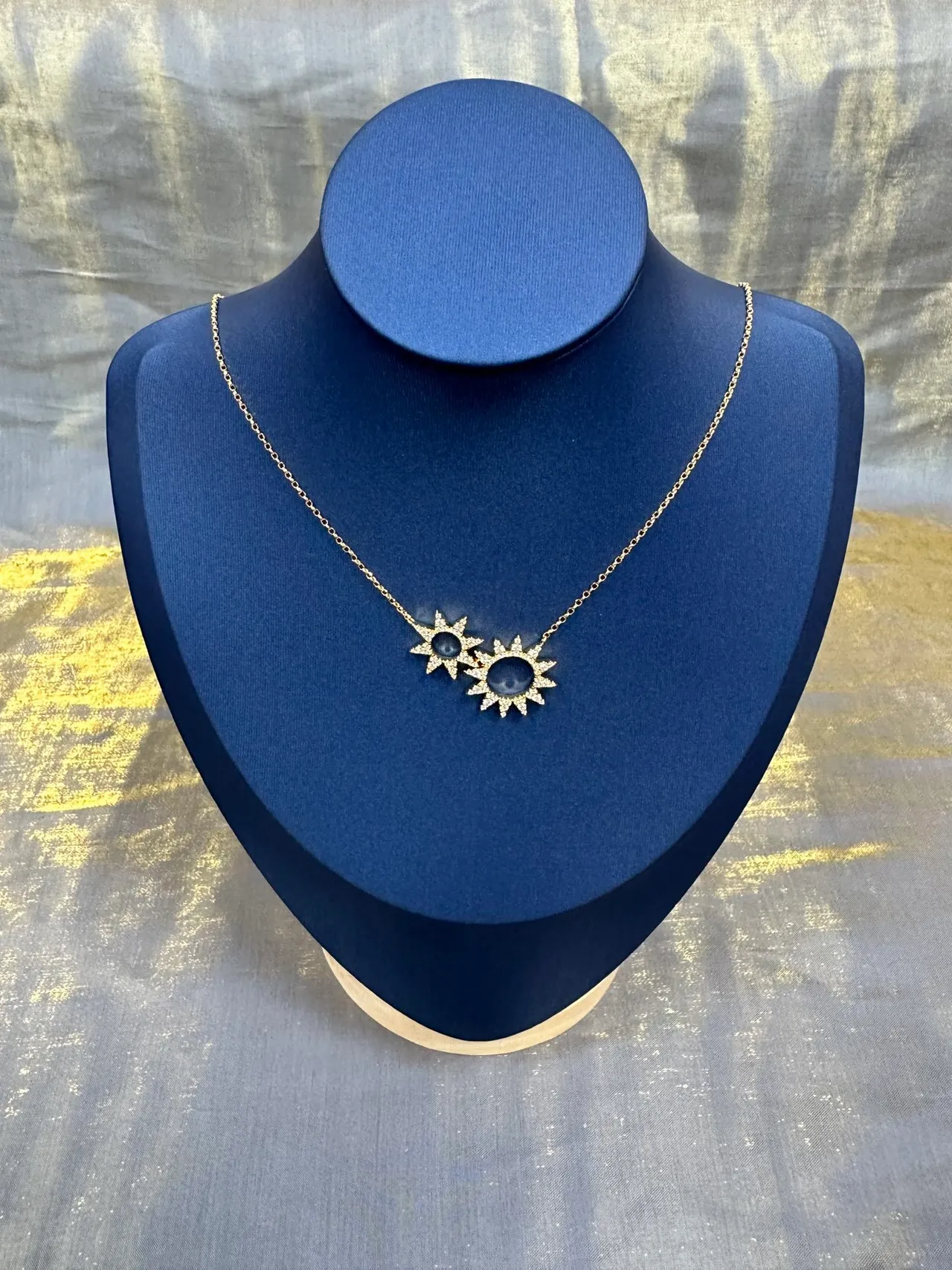 Blue Gold Dual Sunburst Pendant Pavé-Style Ray Detailing Necklace 9