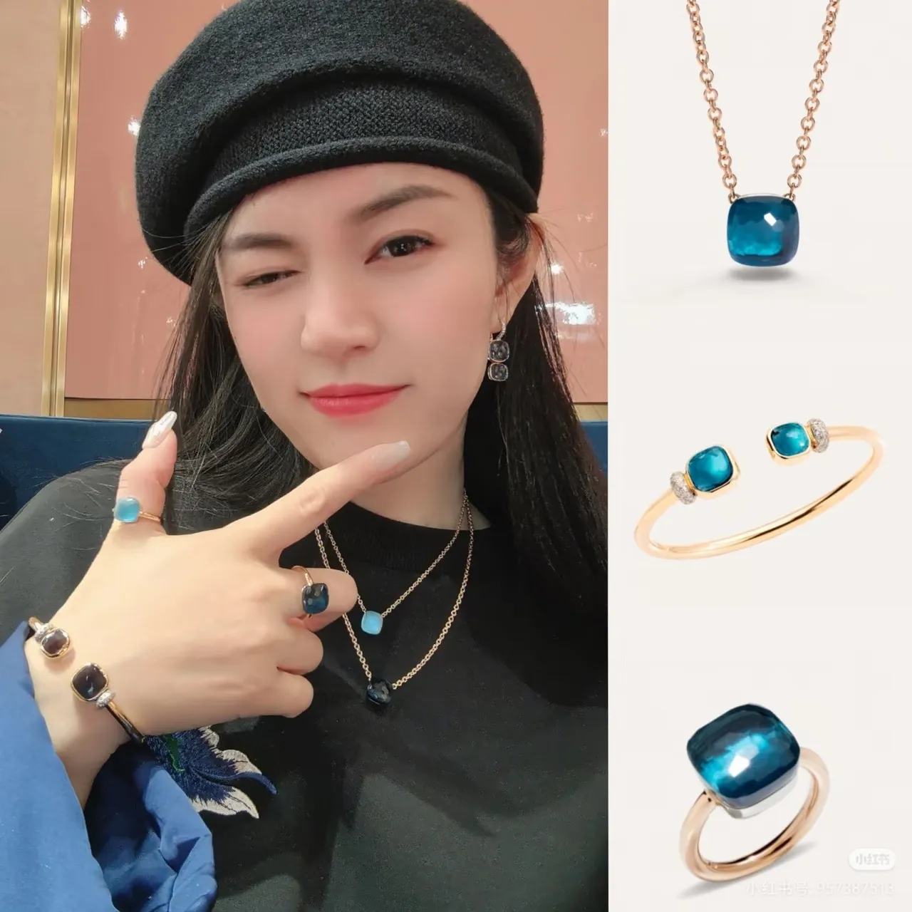 Blue Gold Faceted Square Pendant Rose Chain Necklace 6