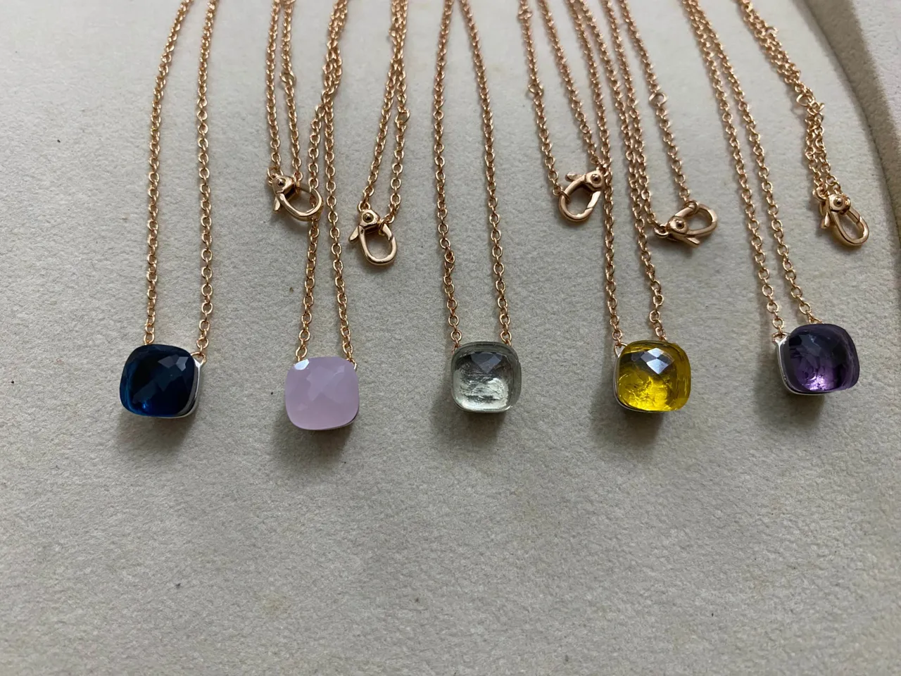 Blue Gold Faceted Square Pendant Rose Chain Necklace 7