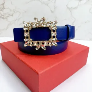 Blue Gold Ornate Crystal-Embellished Buckle Rectangular Frame Design Leather Belt