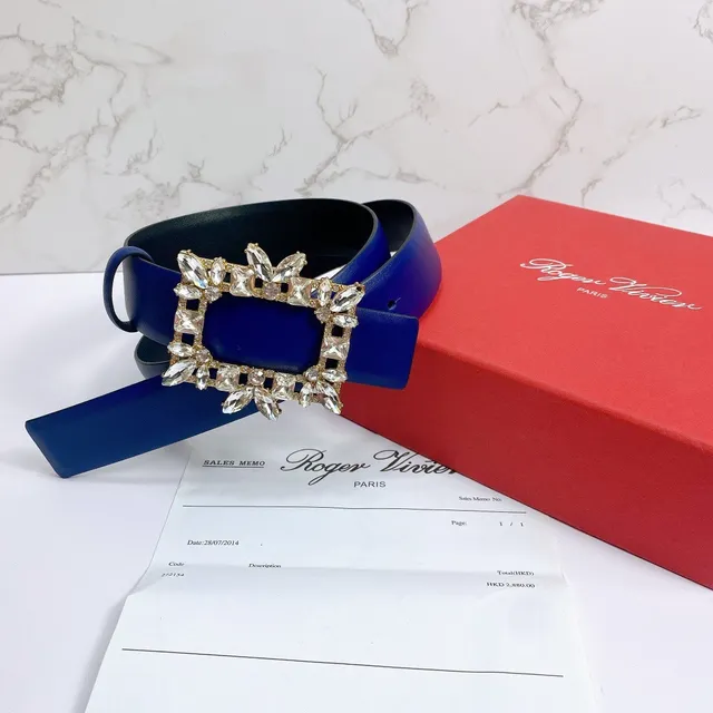 Blue Gold Ornate Crystal-Embellished Buckle Rectangular Frame Design Leather Belt 2