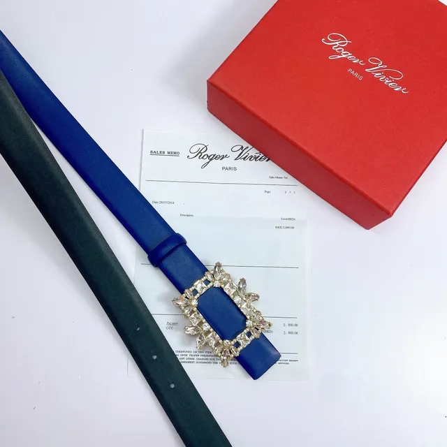 Blue Gold Ornate Crystal-Embellished Buckle Rectangular Frame Design Leather Belt 4