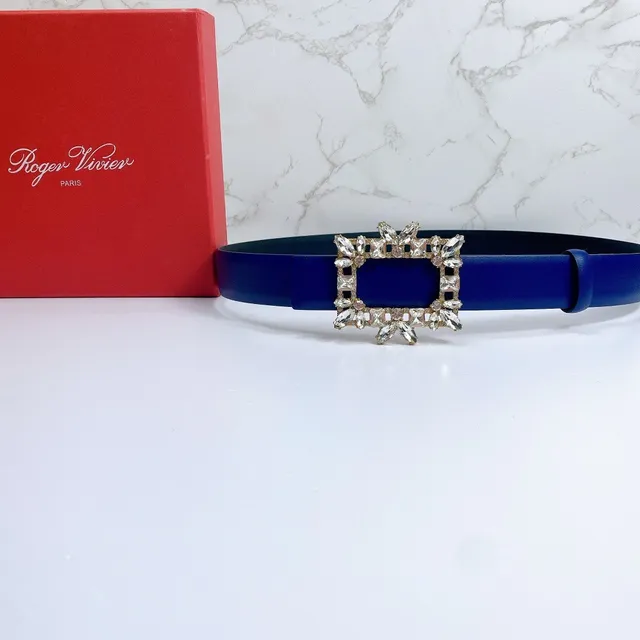 Blue Gold Ornate Crystal-Embellished Buckle Rectangular Frame Design Leather Belt 5