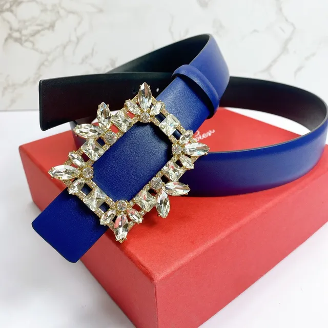 Blue Gold Ornate Crystal-Embellished Buckle Rectangular Frame Design Leather Belt 6