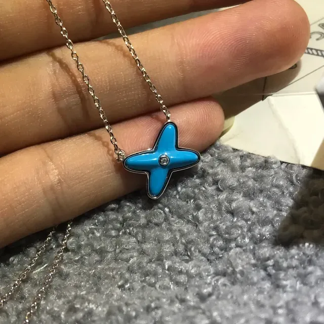 Blue Gold Star-Shaped Enamel Pendant Central Pavé Stone Necklace 4