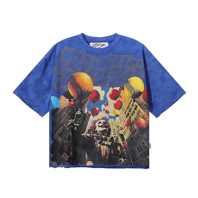 Blue Graphic-Print Cropped Raw-Hem T-Shirt 3