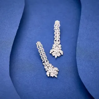 Blue Silver Floral Motif Pavé-Set Stones Earrings