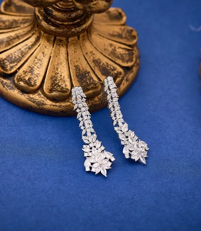 Blue Silver Floral Motif Pavé-Set Stones Earrings 4