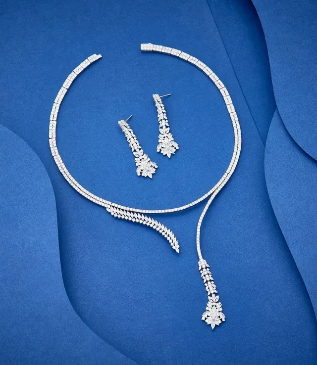 Blue Silver Floral Motif Pavé-Set Stones Earrings 5
