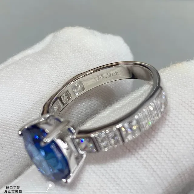 Blue Silver Oval-Cut Central Gemstone Pavé-Set Side Accents Ring 5