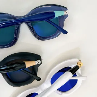 Blue White Oversized Rectangular Silhouette Metal Hinge Accents Sunglasses