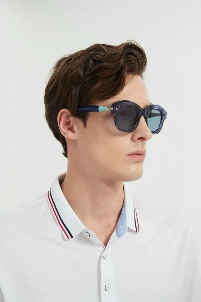 Blue White Oversized Rectangular Silhouette Metal Hinge Accents Sunglasses 2
