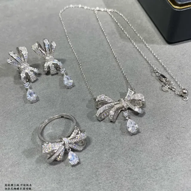 Bow Motif Pavé-Set Teardrop Drop Necklace 2