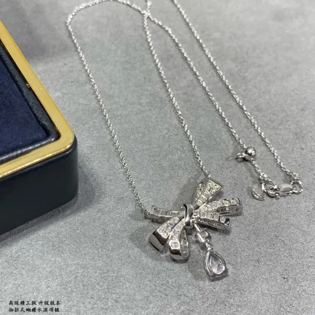 Bow Motif Pavé-Set Teardrop Drop Necklace 4