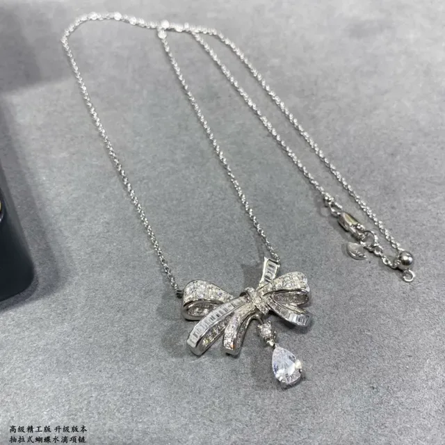 Bow Motif Pavé-Set Teardrop Drop Necklace 6
