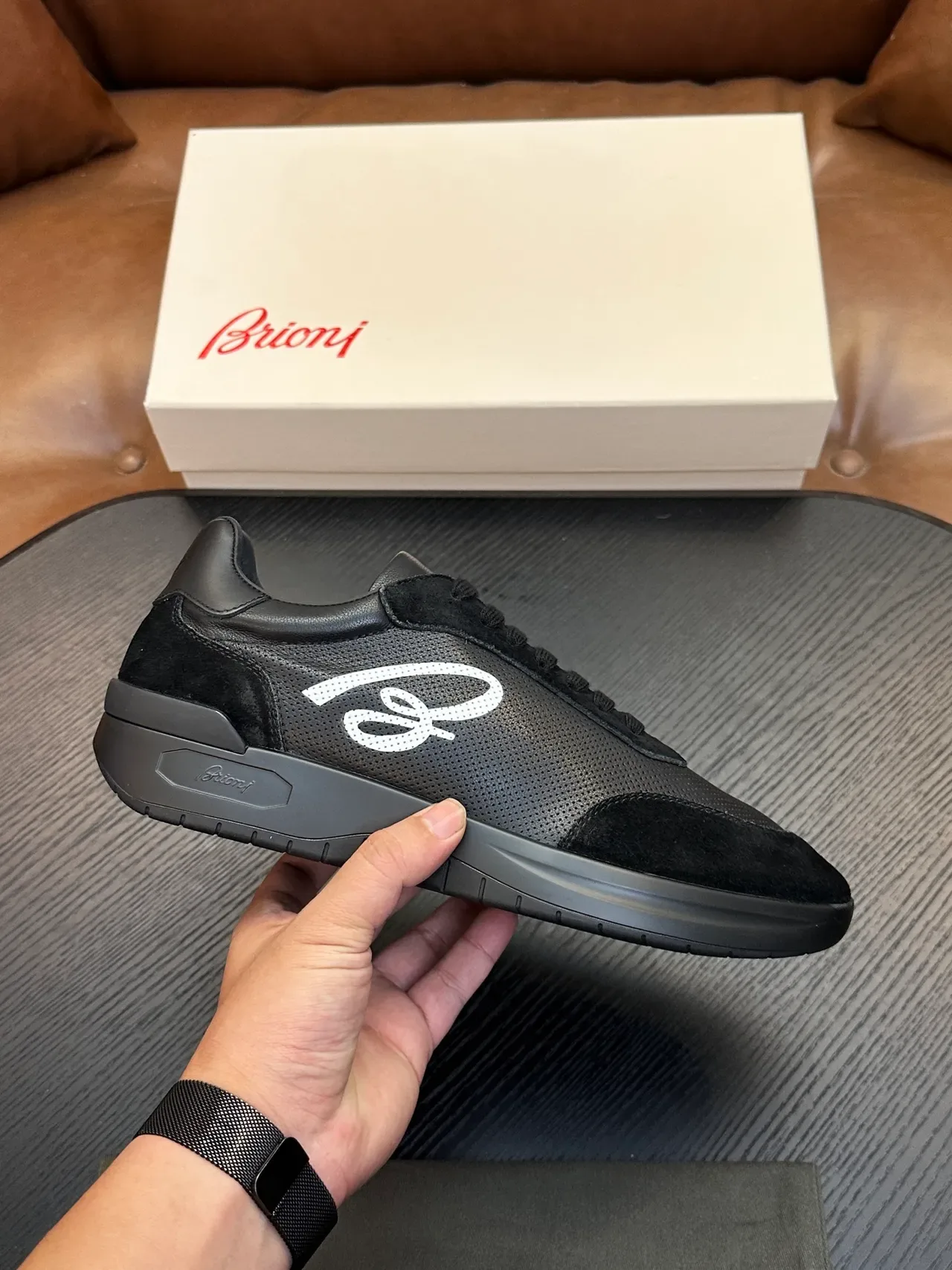 Brioni Black Leather and Suede Lifestyle Sneaker 2