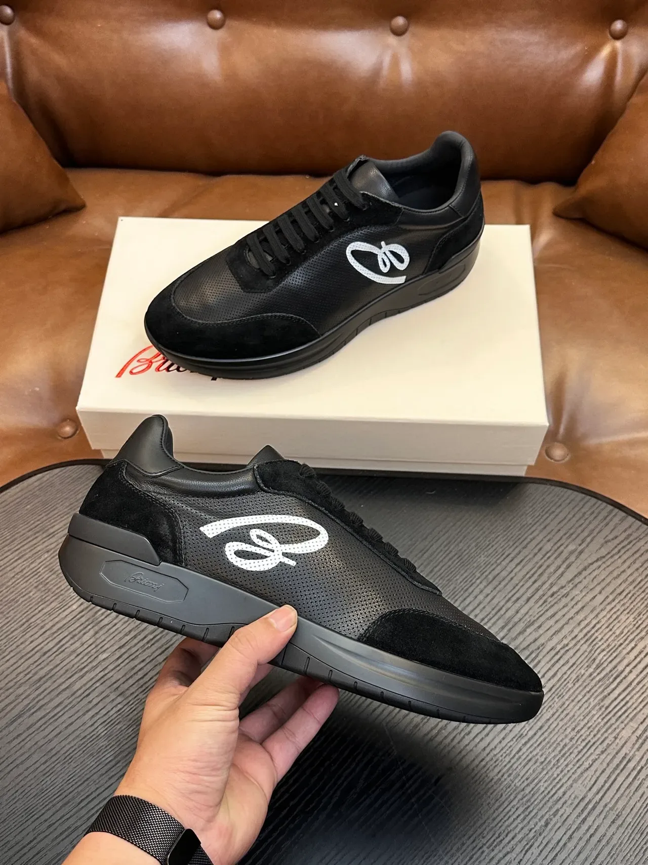 Brioni Black Leather and Suede Lifestyle Sneaker 5