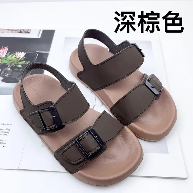 Brown and Tan Two-Strap Buckle Sandals 3