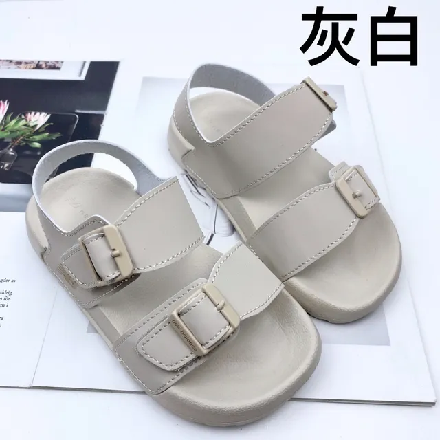 Brown and Tan Two-Strap Buckle Sandals 5