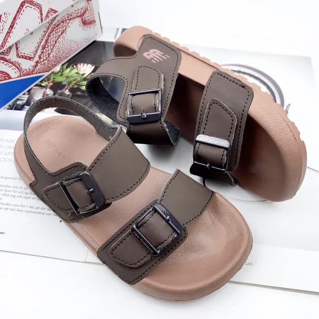 Brown and Tan Two-Strap Buckle Sandals 8