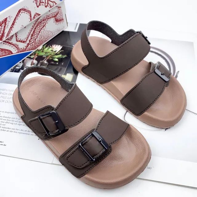 Brown and Tan Two-Strap Buckle Sandals 9