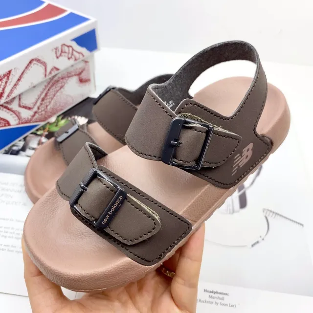 Brown and Tan Two-Strap Buckle Sandals 10