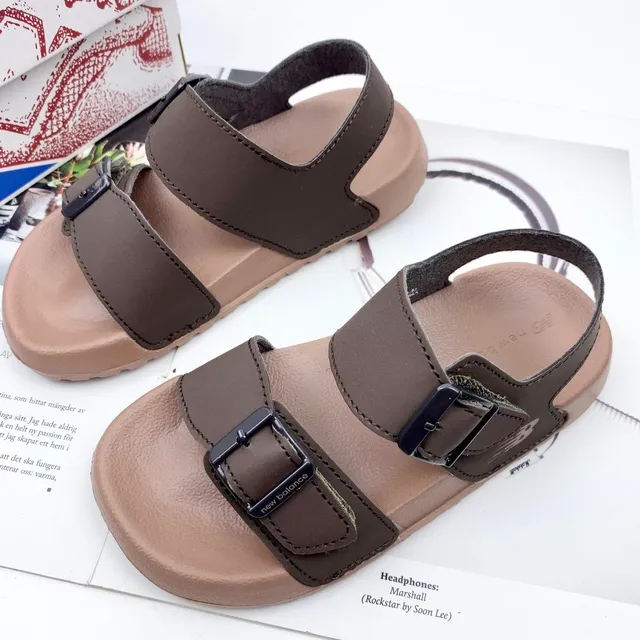Brown and Tan Two-Strap Buckle Sandals 11