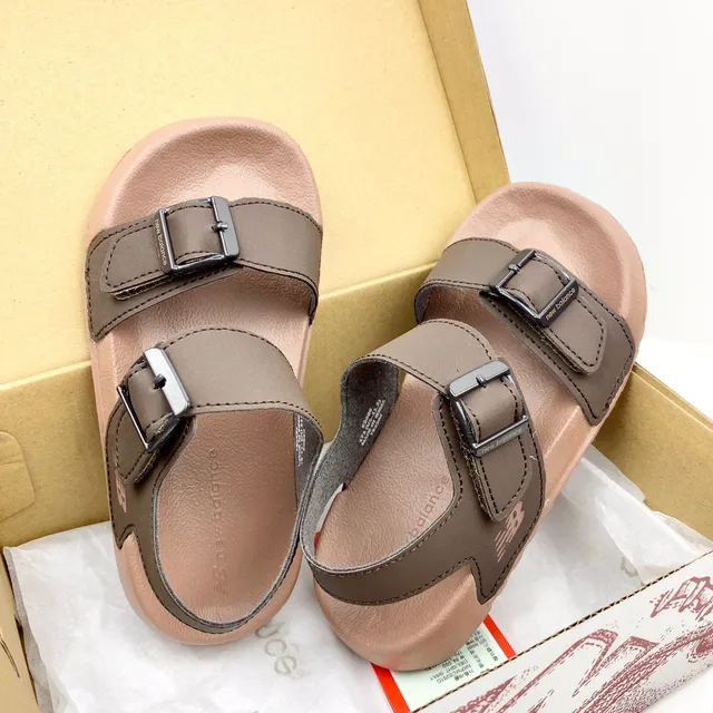 Brown and Tan Two-Strap Buckle Sandals 14
