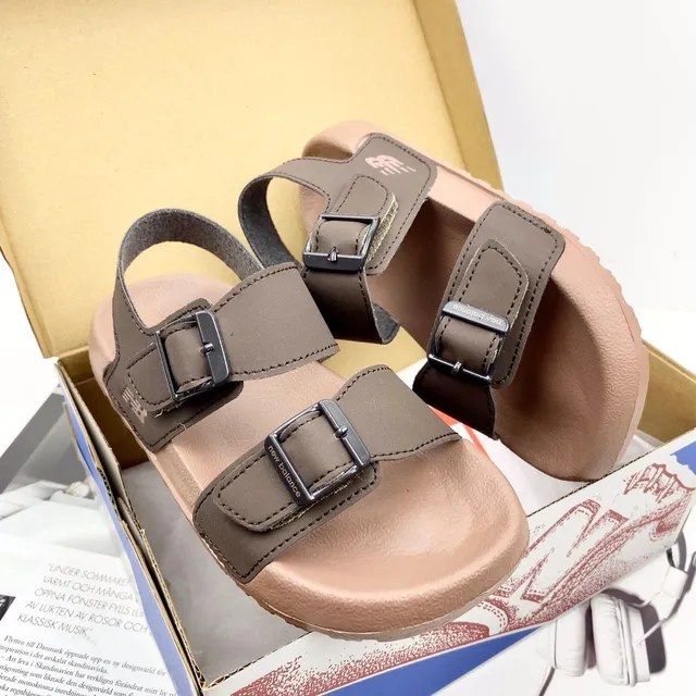 Brown and Tan Two-Strap Buckle Sandals 15